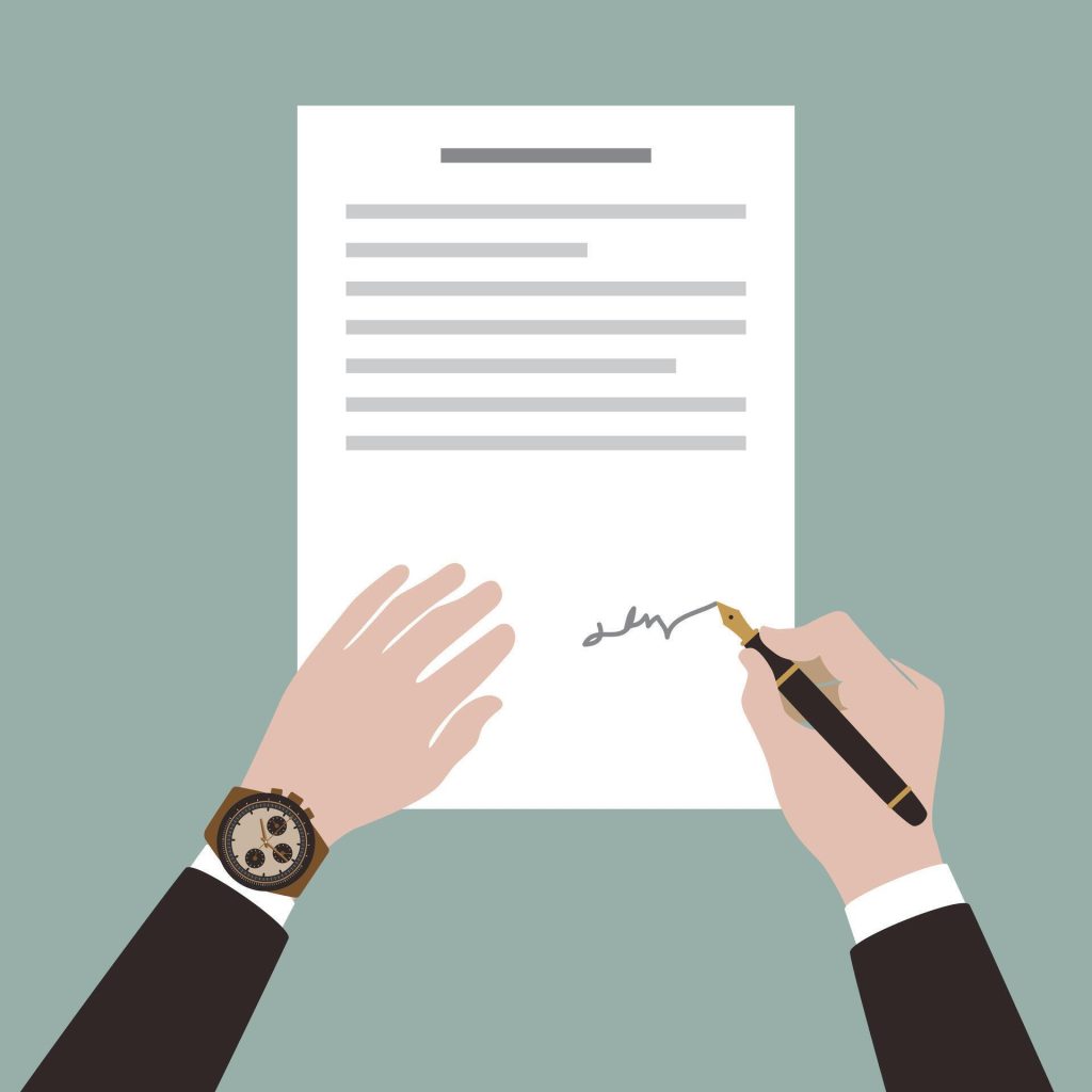 man signs contract document using pen illustration vector