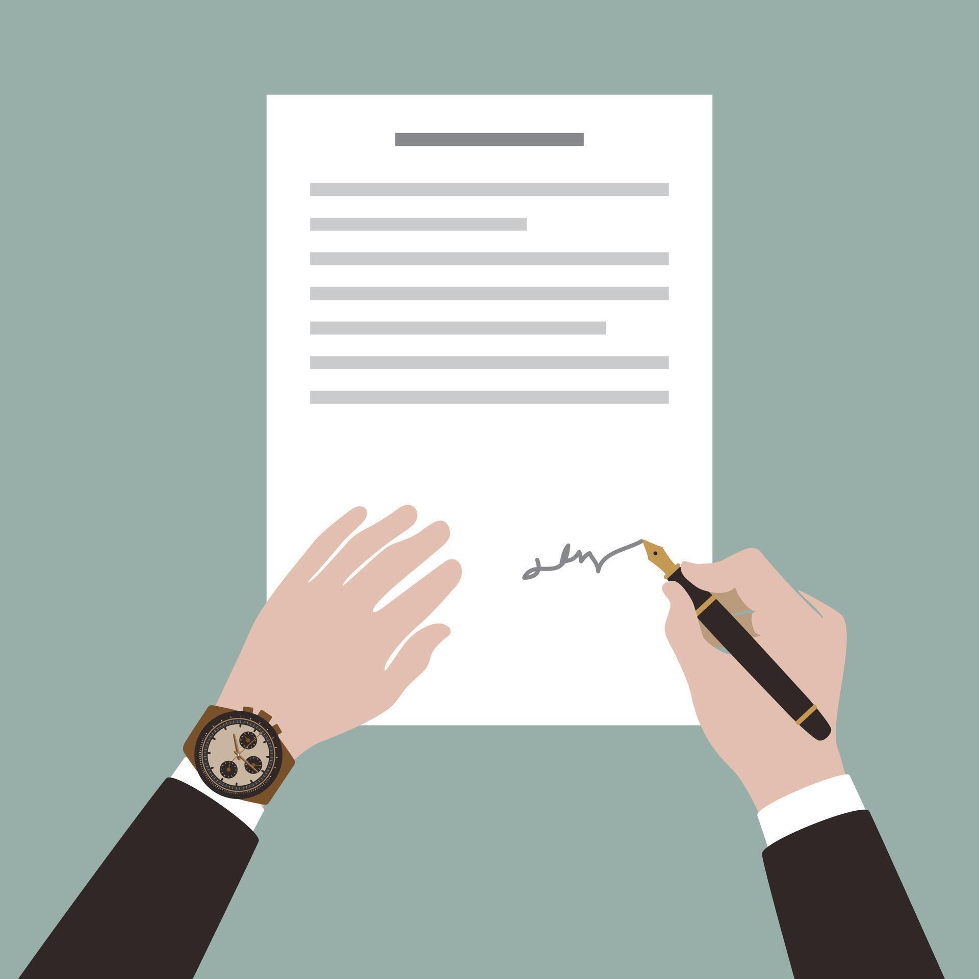 Services man signs contract document using pen illustration vector